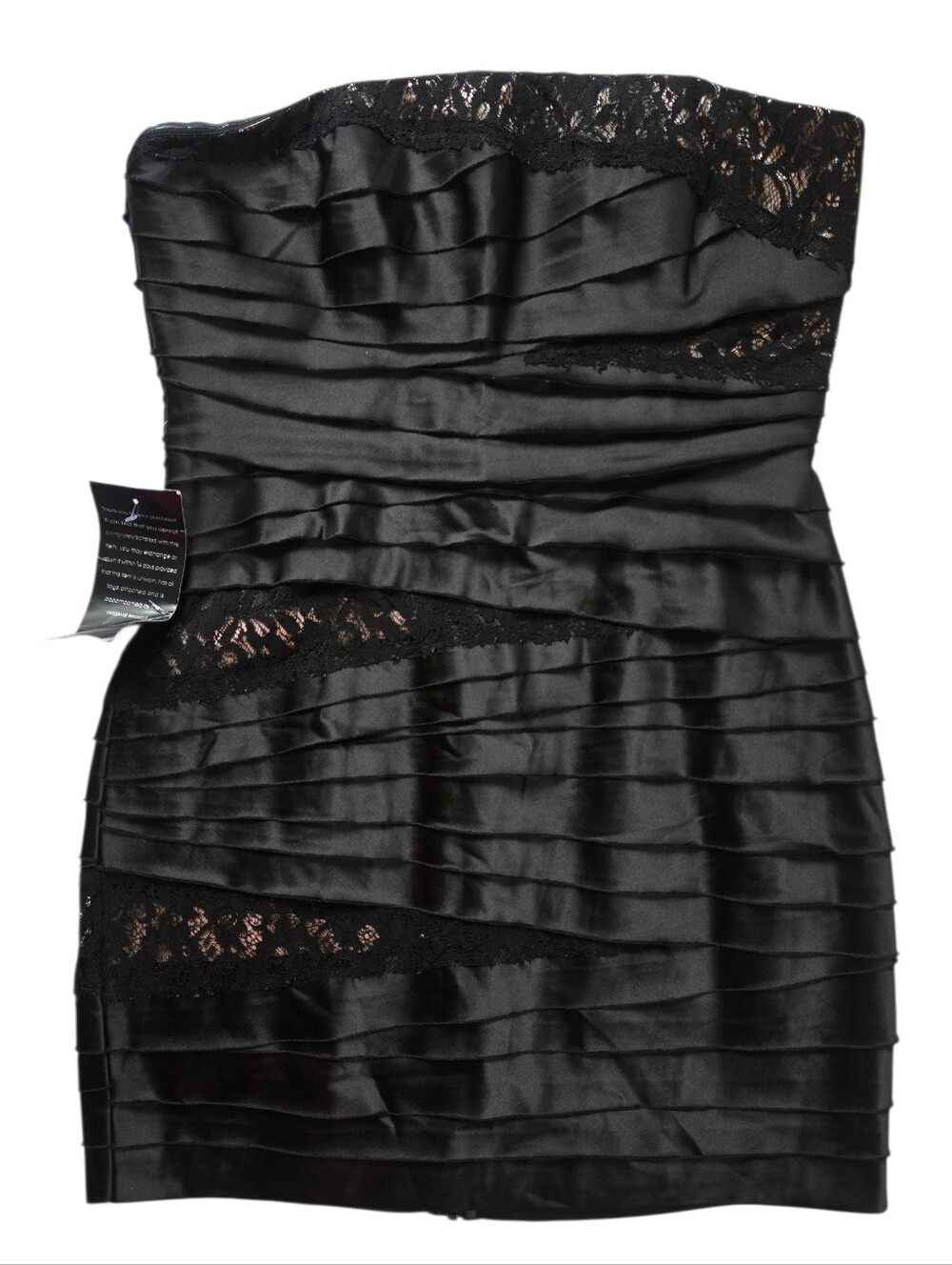 bebe Strapless Black Satin & Lace Tiered Bodycon Dress